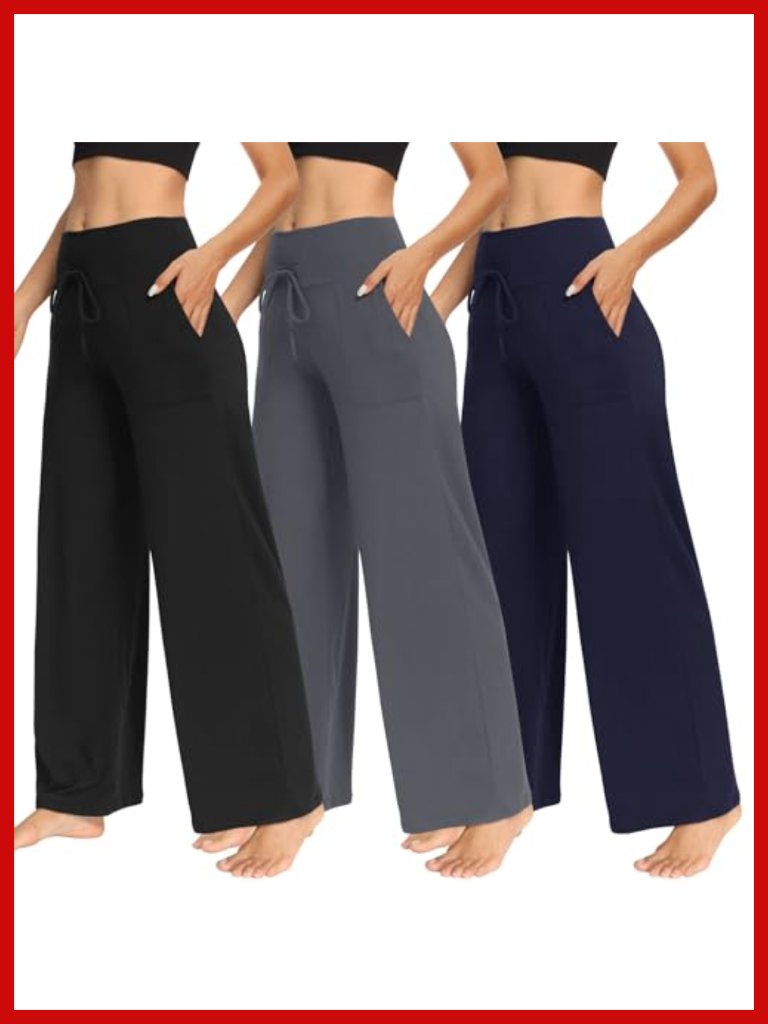 3 Pack Wide Leg Pants With Pockets Casual Loose Yoga Trouser Palazzo Pajama